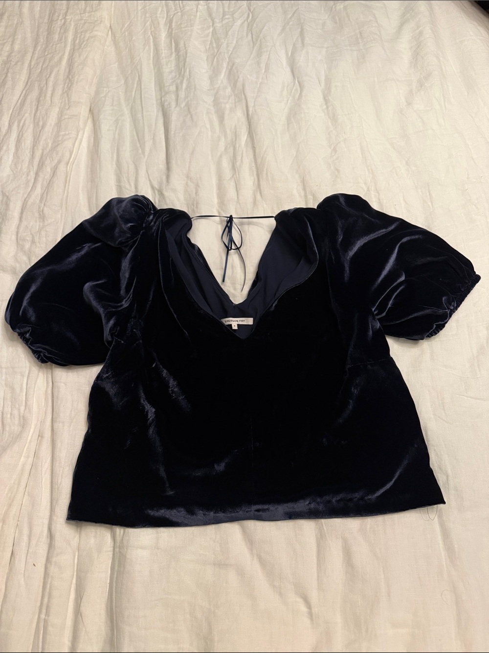 Emerson Fry Navy Velvet Puff-Sleeve V-Neck Top
